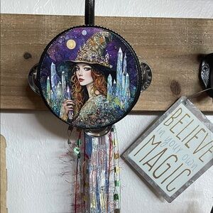 Oops Witch Art Wall Hanging 4” Tambourine with Crystals